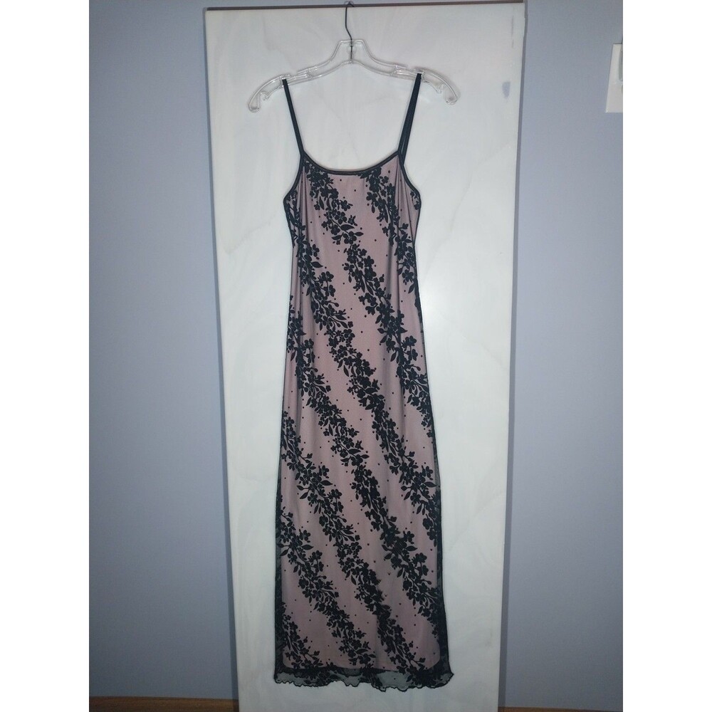 Vintage 90s Pink Black Velvet Burnout Maxi Slip Dress USA S Whimsigoth Grunge